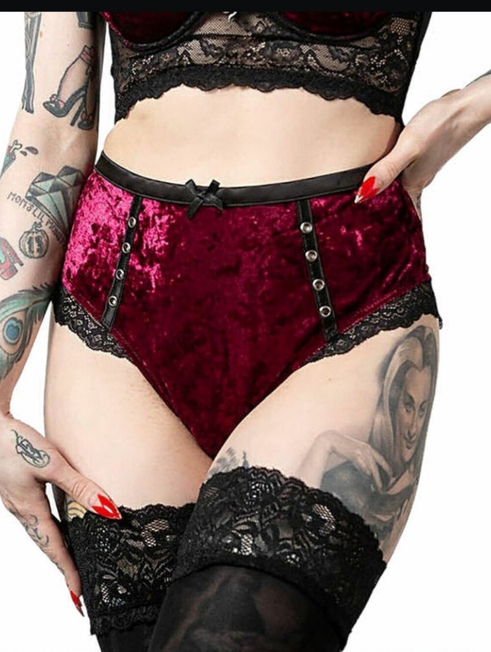 Killstar High-Waist Velvet Lace Panty - Burgundy & Black